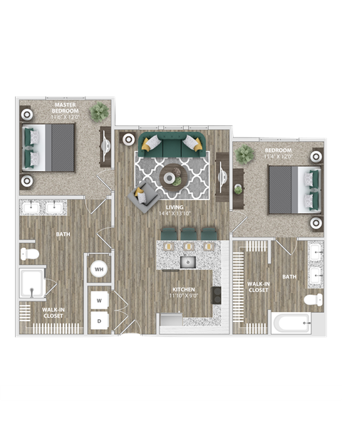 Floor plan for 2 beds, 2 baths, 999 sqft